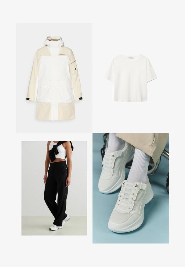 Valkoinen ja kerma beige vedenpitävä takki, jossa on korkea kaulus, suuret etutaskut ja mustat yksityiskohdat hihoissa. Takissa on brändilogo rinnassa.; Valkoinen lyhythihainen T-paita, joka on tehty puuvillasta. Siinä on pyöreä kaula-aukko ja rento malli. Silkkinen pinta ilman näkyviä kuvioita tai koristeita.; Mustat liikuntahousut, joissa on sivunappikiinnitys, joustava vyötärö ja kaksi sivutaskua. Kangas näyttää pehmeältä ja sileältä.; Valkoiset lenkkarit, joissa on verkkokangas, kumipohja, nauhattomuus elastisilla nauhoilla ja kultatäyteiset yksityiskohdat.