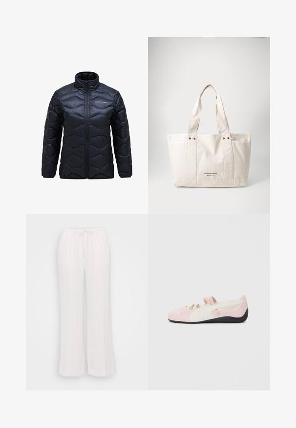 Podložena črna jakna z visokim ovratnikom, ki ima valovito prešito vzorčenje in sprednje zadrgo. Logotip natisnjen na levem prsnem delu.; Majica z dolgimi rokavi in krožnim izrezom v beli barvi z vodoravnimi črtami v mornarsko modri in zeleni barvi. Ima majhen vezena logotip na prsih.; Bele široke hlače iz lahkega materiala, ki imajo elastičen pas z vrvico in vertikalne šive za teksturo.; Roza semiš lahka čeveljka z belimi detajli, gumijastim podplatom in elastikami. Ima strukturirano zasnovo in majhen logotip spredaj.; Platnena torba v svetlem bežnem odtenku z dvema trdnima ročajema, kontrastnim belim robom in logotipom "THE NORTH FACE" v črni barvi na sprednji strani.