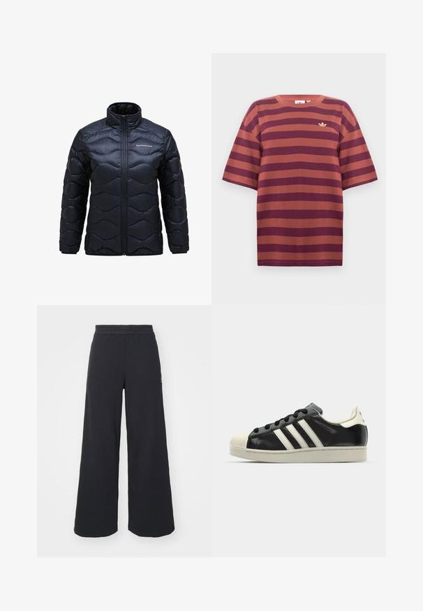 Padded black jacket with a high collar, featuring a wavy quilted pattern and a front zip closure. Logo printed on the left chest.; Maroon and rust striped t-shirt, short sleeves, round neckline, featuring a small gold logo on the left chest area, made of cotton fabric.; Black wide-leg sweatpants made from soft fabric, featuring an elastic waistband and a small logo on the left side.; Black leather sneaker with white stripes, rubber toe cap, black laces, and a cream-colored outsole. Smooth texture with shiny finish.