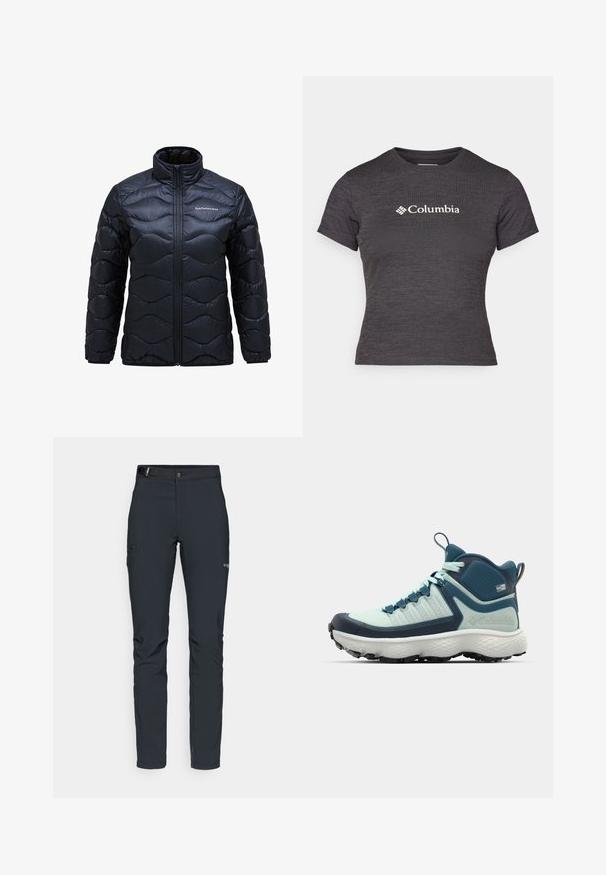 Gestepptes schwarzes Jacket mit hohem Kragen, das ein wellenförmiges Steppmuster aufweist und mit einem Reißverschluss vorne geschlossen wird. Logo auf der linken Brust aufgedruckt.; Dunkelgraues Kurzarm-T-Shirt aus strukturierter Baumwolle mit rundem Halsausschnitt, versehen mit einem weißen Columbia-Logo auf der Brust.; Herren Outdoor-Hosen, dunkelgrau, aus flexiblem Material, mit einem Gürtel, Reißverschlusstaschen und verstärkten Nähten.; Herren-Wanderschuhe in hellblau und marineblau. Mit einer strukturierten Oberseite, einer geformten Gummikappe und einer aggressiven Sohle für hervorragenden Halt.