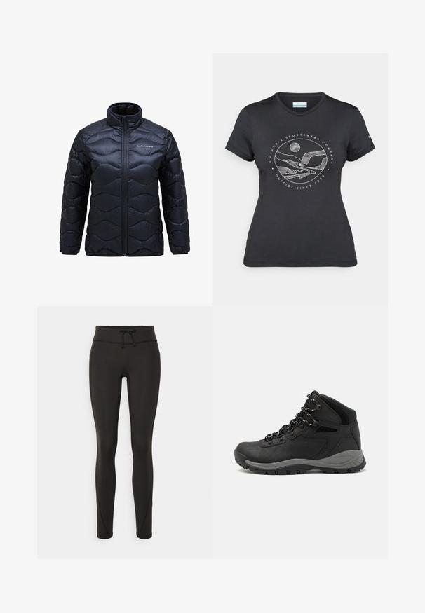 Mustat vuoratut takki, jossa on korkea kaulus, aaltoileva tikattu kuvio ja edessä vetoketjukiinnitys. Logo painettuna vasempaan rintaan.; Musta Columbia T-paita, jossa on valkoinen ympyrämuotoinen vuori- ja joki-viivataide sekä teksti "Columbia Sportswear Company Ulkona vuodesta 1938."; Mustat legginsit, joissa on korkea vyötärö, nauhakuja, sileä pinta ja istuva muotoilu. Sivussa on ompeluyksityiskohtia.; Musta vaelluskenkä, jossa on puolivartinen muotoilu, jolle on ominaista teksturoitu päällinen, harmaat yksityiskohdat ja kestävä kumipohja, jossa on pitoita lisääviä lukuja.