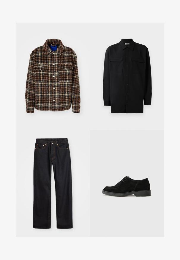Jachetă în carouri, în tonuri de maro, crem și bleumarin. Fabricată dintr-un material texturat, cu guler, închidere cu nasturi și două buzunare pe piept.; Cămașă neagră cu nasturi, confecționată dintr-un material neted, având un guler clasic, două buzunare frontale și mâneci lungi cu manșete cu nasturi.; Jeans negri din denim pentru bărbați, cu croială dreaptă, cinci buzunare și cusături portocalii, închidere cu nasture și fermoar pe talie.; Pantofii negri din suede, cu vârful rotunjit, cusături contrastante și talpă din cauciuc. Prezintă un sistem de șireturi minim și un design suprem neted.