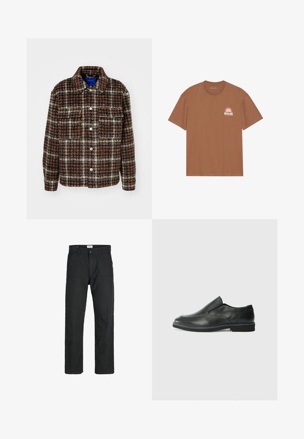 Ruuduline jakk pruunis, kreemis ja meresinises. Valmistatud struktureeritud kangast, millel on krae, nööpide sulgemine ja kaks rinnaTaskut.; Pruun lühikeste varrukatega T-särk, mis on valmistatud puuvillast, sisaldab roosa päikese graafikat ja "SOLAR" teksti vasakul rinnal. Ümmarguse kaelusega disain.; Mustad mustad, mis on valmistatud vastupidavast kangast, sirge jala disainiga, õmmeldud detailidega ja kahe eesmise taskuga funktsionaalsuse jaoks.; Must musta laia suuga king, millel on sile ülemine osa, õmmeldud detailid, ümmargune nina ja madal kummist konts. Tallal on minimaalne mustr.