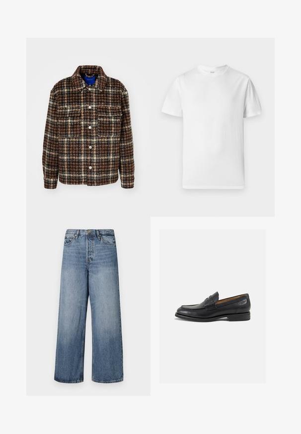 Marmuro rašto švarkas rudos, smėlio ir tamsiai mėlynos spalvų. Pagamintas iš faktūrinio audinio su apykakle, mygtukų užtrauktuku ir dviem krūtinės kišenėmis.; Balta trumpa rankovėmis marškinėliai, pagaminti iš švelnios medvilnės. Turi apvalų iškirpimą ir tiesų apdailą su minimaliu puošu.; Platus blekno džinsai su išblukusiu skalbimu, penkių kišenių dizainu ir mygtukų uždarymu. Įrengti diržo kilpomis ir siuvinėjimu.; Juodi odiniai loafersai su lygiu paviršiumi, apvaliu pirštu ir dekoratyvine siūlė viršuje. Žemas sustiprintas kulnas ir lengvas blizgesys.