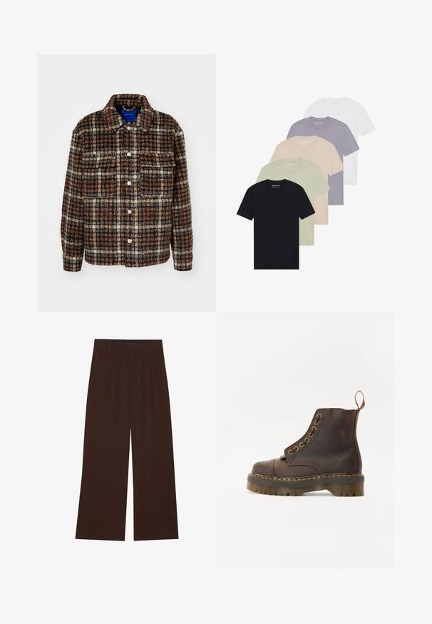 Ternede jakke i brun, creme og marineblå. Lavet af struktureret stof med krave, knaplukning og to brystlommer.; Sæt af fem T-shirts i sort, lys grøn, beige, lys lilla og hvid. Hver har en rund halsudskæring og korte ærmer, lavet af bomuld.; Brune bredbenede bukser med plisseringer. Lavet af et glat stof, der har en skræddersyet talje og sidelommer. Flad kant nederst.; Brun læder ankelstøvle med rund tå, kontrasterende gul syning, dekorative metaløjer og en ribbet gummisål.