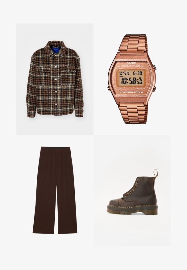 Kockás zakó barna, krém és tengerészkék színben. Texturált anyagból készült, gallérral, gombos záródással és két mellzsebbel.; Öt póló készlet fekete, világos zöld, bézs, világos lila és fehér színekben. Mindegyik kerek nyakkivágású és rövid ujjú, pamutból készült.; Barna, széles lábú nadrág, plisszézett részleggel. Simább anyagból készült, szabott derékkal és oldalsó zsebekkel rendelkezik. Lapos szegéllyel az alsó részen.; Barna bőr bokacsizma, kerek orrral, kontrasztáló sárga varrással, dekoratív fém szemölcsökkel és bordázott gumitalppal.; Digitális Casio óra rózsaarany fém szíjjal, téglalap alakú házzal, megvilágított kijelzővel és vízállósággal, mutatja az időt és a dátumot.