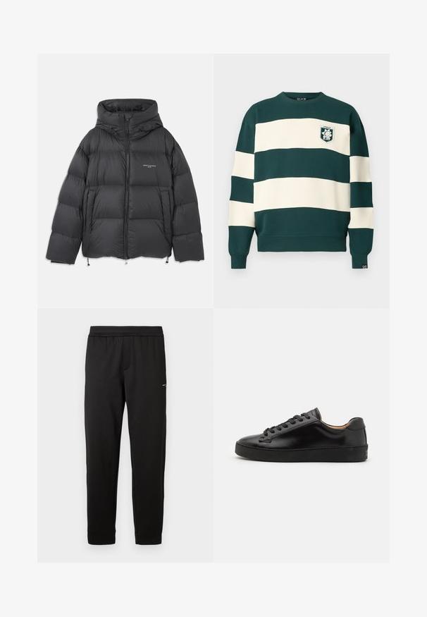 Melnā pufīgā jaka ar augstu apkakli un kapuci, quilted dizains, priekšējais rāvējslēdzējs un regulējami saķeres vadi apakšmalā un kapuces malā.; Tumši zaļš un balts svītrains garas piedurknes sporta krekls ar "Itālija EA7" emblēmu uz krūtīm un mazu EA7 birku uz piedurknes.; Melnas elastīgas sporta bikses ar šauru piegriezumu un mazu logo augšstilba daļā, izvietotas uz baltā fona.; Melnas ādas sporta apavi ar gludu virsmu, apaļu purngalu un melnām auklām. Iezīmē minimālu zīmolu uz papēža un gumijas zoli.