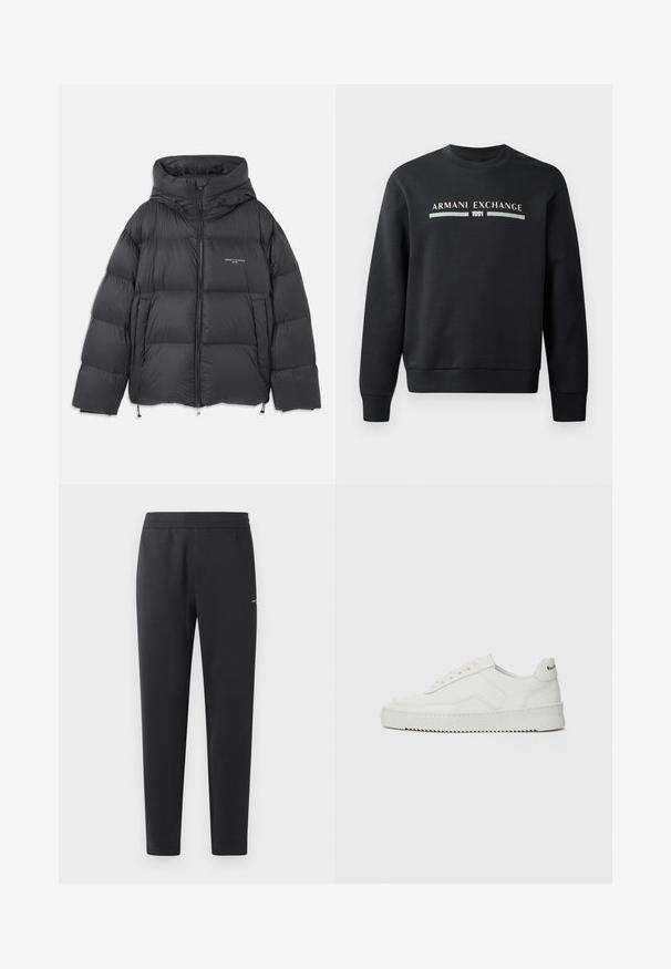 Black puffer jacket with a high collar and hood, quilted design, front zipper, and adjustable drawcords at the hem and hood.; Black sweatshirt made from soft fabric. Features a crew neckline and long sleeves. The front displays "ARMANI EXCHANGE" and "1991" in contrasting colors.; Black jogger pants made of soft fabric, featuring an elastic waistband, straight legs, and a single small logo detail on the side.; White leather sneaker with a smooth finish, round toe, flat laces, and a textured sole. Features a subtle logo on the heel.