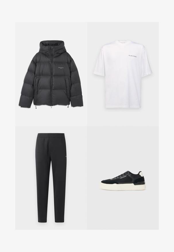 Casaco puffer preto com colarinho alto e capucho, design acolchoado, fecho frontal com zíper e cordões ajustáveis na bainha e no capucho.; T-shirt branca de manga curta em algodão com decote em V, apresentando um logótipo preto "FILLING PIECES" impresso do lado esquerdo.; Calças de treino pretas feitas de tecido suave, com um cós elástico, pernas retas e um pequeno detalhe de logotipo de um lado.; Sapata preta feita de malha e couro, apresentando uma sola branca grossa e detalhes contrastantes. Cadarços e detalhe do logótipo na lateral.