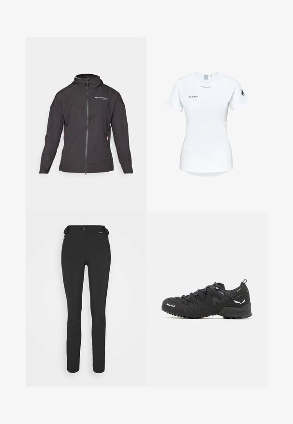 Sort jakke med lynlås foran, hætte og netdetaljer. Har et diagonalt sømdesign og sidelommer med lynlås til opbevaring. Letvægtsstof.; Kortærmet hvid sportsshirt med rund hals, prydet med et logo på brystet og en glat, let stofstruktur.; Sorte, tætsiddende bukser lavet af et fleksibelt materiale. Funktioner inkluderer en lynlåslomme i siden, artikulerede knæ og en glat tekstur.; Sorte vandresko med en tekstureret stofoverdel, snøresystem og robust gummisål. Accenteret med reflekterende detaljer og logoer.