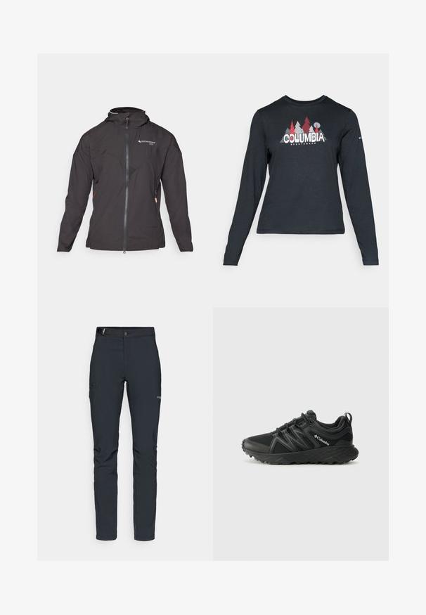 Crna jakna sa zip zatvaranjem, kapuljačom i mrežastim detaljima. Ima dijagonalni šav dizajn i bočne zip džepove za pohranu. Lagani materijal.; Majica dugih rukava tamnosive boje s grafikom crvenih drveća i planina; logo "COLUMBIA" u podebljanom bijelom tekstu. Mekana tkanina, standardni okrugli izrez.; Muške outdoor hlače, tamno sive boje, izrađene od fleksibilnog materijala, s remenom, džepovima na patentni zatvarač i ojačanim šavovima.; Columbia PEAKFREAK - Obuća za pješačenje - black