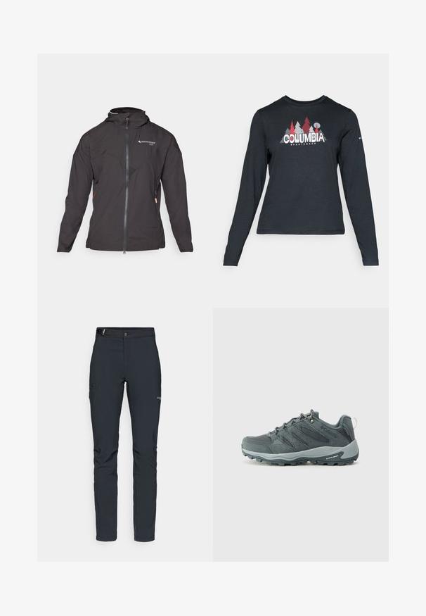 Čierna bunda so zipsom vpredu, kapucňou a sieťovinovými akcentmi. Disponuje diagonálnym švom a bočnými zipsami na vrecká pre úložný priestor. Ľahký materiál.; Dlhý rukáv, tmavošedá košeľa s grafikou červených stromov a hôr; logo "COLUMBIA" v tučnom bielom texte. Mäkká tkanina, štandardný okrúhly výstrih.; Pánske outdoorové nohavice, tmavo šedé, vyrobené z flexibilného materiálu, s opaskom, so zipsovými vreckami a vystuženým šitím.; Tmavohnedé turistické topánky s hornou časťou z textilu a semišu, viazaním, polstrovanou podrážkou a robustnou vonkajšou podrážkou s gripom.
