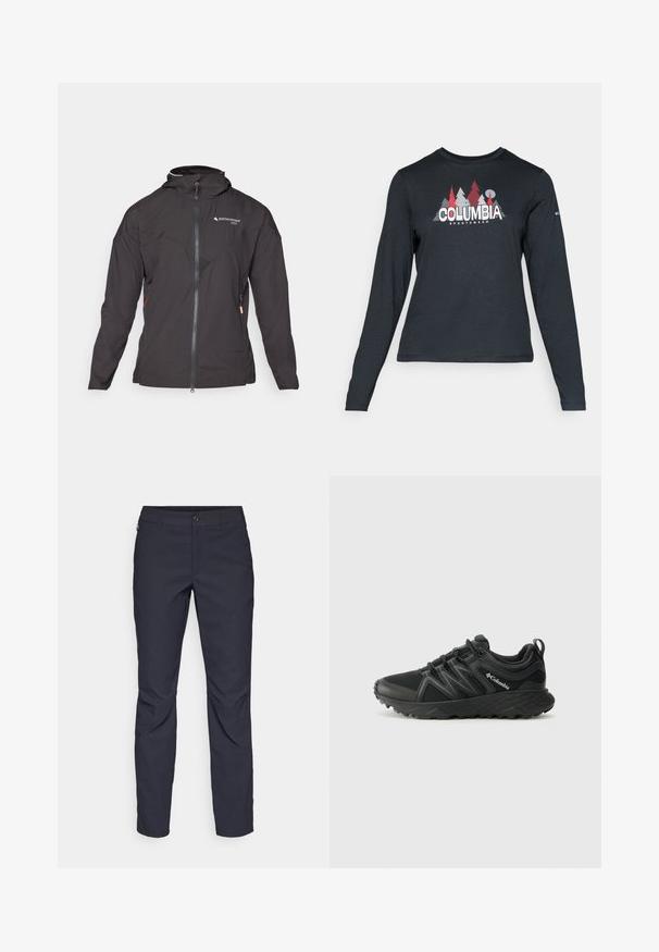 Zwarte jacket met een rits aan de voorkant, capuchon en netaccenten. Beschikt over een diagonale naadontwerp en zijritszakken voor opbergruimte. Lichtgewicht stof.; Langsluitend donkergrijs shirt met lange mouwen, versierd met een grafisch ontwerp van rode bomen en bergen; het "COLUMBIA"-logo in vet witte tekst. Zacht materiaal, standaard ronde hals.; Navyblauwe broek van gladde stof, met een sluiting aan de voorkant met een knoop, slim-fit ontwerp en geplooide details bij de knieën.; Columbia PEAKFREAK - Outdoorschoenen - black