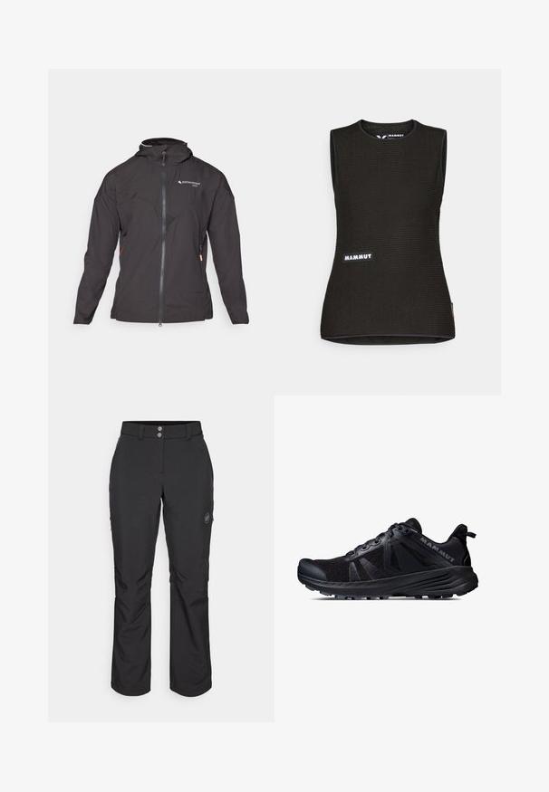 Sort jakke med lynlås foran, hætte og netdetaljer. Har et diagonalt sømdesign og sidelommer med lynlås til opbevaring. Letvægtsstof.; Sort ærmeløs skjorte med et tekstureret mønster, der har en rund halsudskæring og et "MAMMUT" logo på forsiden. Fremstillet af åndbart materiale.; Sorte udendørsbukser med lige snit, der har knaplukning, lynlåslommer i siderne og et logo-patch på venstre lår.; Sort trailsko til løb med mesh-overdel og gummisål. Har strukturerede overflader, forstærket tåhætte og brandlogo på hælen.