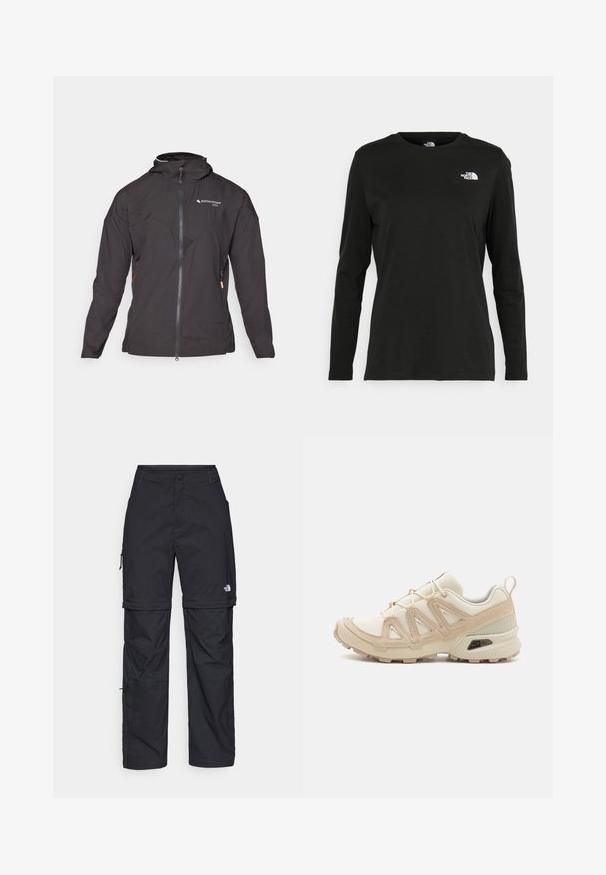 Veste noire avec fermeture éclair à l'avant, capuche et accents en mesh. Présente un design de coutures diagonales et des poches zippées sur les côtés pour le rangement. Tissu léger.; T-shirt noir à manches longues en coton avec un col rond. Présente un petit logo blanc sur la partie gauche de la poitrine. Design et coupe simples.; Pantalons cargo en nylon noir, à zip amovible, avec chevilles ajustables, plusieurs poches et un logo sur la jambe droite. Texture lisse et légère.; Baskets de sport beiges et crème avec une tige en mesh texturé, des superpositions de soutien et une semelle en caoutchouc dotée d'un motif de crampons pour une traction.