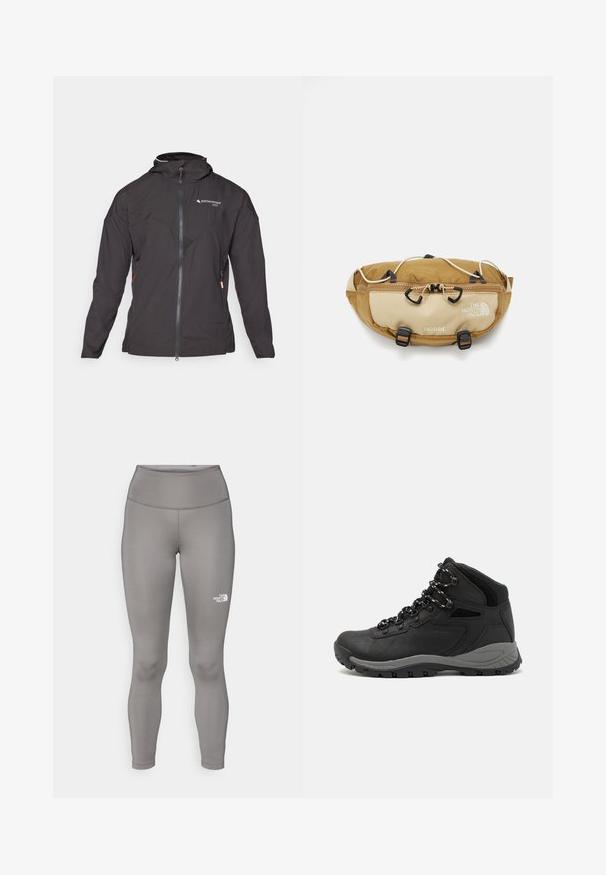 Veste noire avec fermeture éclair à l'avant, capuche et accents en mesh. Présente un design de coutures diagonales et des poches zippées sur les côtés pour le rangement. Tissu léger.; T-shirt en coton noir avec un col rond et des manches courtes. Logo blanc notable sur le côté supérieur gauche. Texture lisse, coupe décontractée.; Leggings gris en matériau extensible, avec une taille haute et le logo Northern Face en blanc sur la jambe gauche.; Botte de randonnée noire au design mi-haut, avec un dessus texturé, des accents gris et une semelle en caoutchouc durable avec des crampons de traction.; The North Face TERRA LUMBAR 3L UNISEX - Sac banane - utility brown/khaki stone
