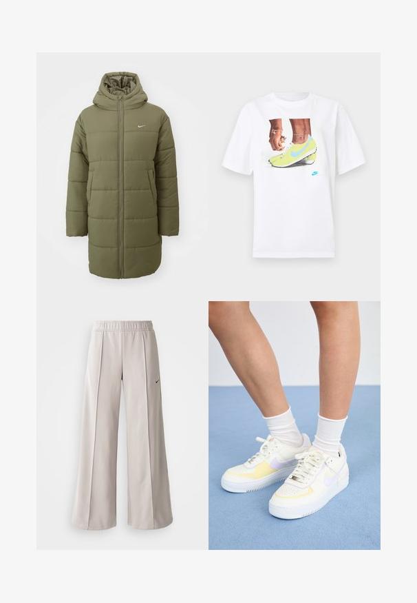Chaqueta acolchada en verde oliva con capucha, textura de acolchado horizontal, cierre frontal y bolsillos laterales. Pequeño logo de Nike en blanco en el pecho.; Camiseta blanca de algodón con un gráfico de pies en botas Nike amarillas con acentos azules, acompañada de una pulsera en la muñeca izquierda.; Pantalones de pierna ancha en gris claro, confeccionados con una tela suave. Presentan una cinturilla elástica y el logotipo negro de Nike en el lado izquierdo.; Zapatillas de cuero blancas con acentos amarillos y lavanda, punta redonda, cordones planos y suela de goma texturizada. Llevadas con calcetines blancos.