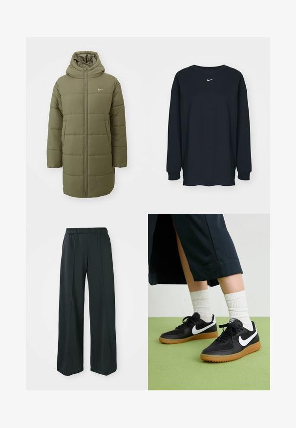 Olivno zelena napihnjena jakna s kapuco, horizontalno quiltana tekstura, sprednji zadrga in stranske žepe. Majhna bela Nike logo na prsih.; Črna dolgotrajna majica z dolgimi rokavi iz bombaža z okruglim izrezom. Ima bel Nike logo na prsih. Mehek material, preprost dizajn.; Črne široke športne hlače z elastičnim pasom. Narejene iz gladkega, raztegljivega materiala, z diskretno sprednjo šivanko in brez žepov.; Črne usnjene in sintetične superge z belim Nike swooshom, gumo na podplatu, okroglo konico ter črnimi vezalkami. Vidne so rebraste bele nogavice.