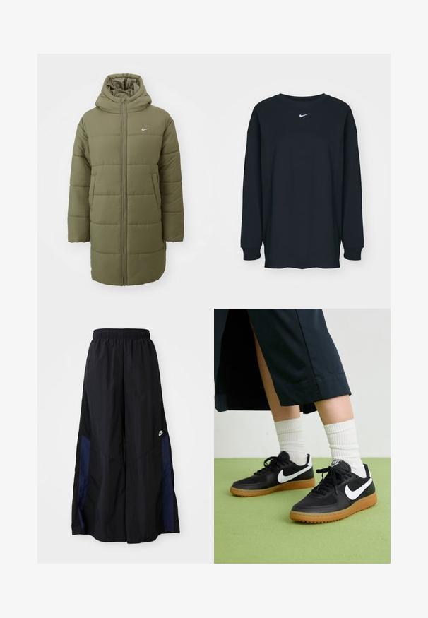 Oliven grønn dunjakke med hette, horisontalt quiltet tekstur, frontglidelås og sidelommer. Lite hvitt Nike-logo på brystet.; Svart langermet T-skjorte laget av bomull med rund hals. Har en hvit Nike-logo på brystet. Myk tekstur, enkelt design.; Svarte vide bukser laget av lett stoff, med et marineblått sidestykke og elastisk midjebånd. Liten hvit logo nederst.; Sorte lær- og syntetiske joggesko med hvit Nike swoosh, gummisåle, rund tå og sorte lisser. Ribbet hvite sokker synlige.