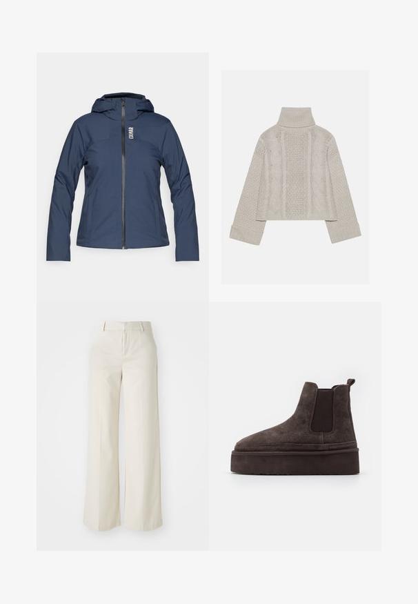 Jachetă bleu marin, cu mâneci lungi și glugă, având un fermoar frontal, textură netedă și branding subtil în partea stângă sus.; Pulover tricotat, de culoare gri deschis, cu guler înalt și manșete ribbrate, având modele texturate de cabluri pe spate și pe laturi.; Pantaloni cu picioare largi, de culoare bej deschis, dintr-un material neted. Prezintă un brâu clasic și un față plată cu linii curate.; Cizme Chelsea din suede maro, cu panouri elastice pe laterale și o talpă groasă, texturată. Dispun de un obiect de prindere la călcâi pentru a facilita îmbrăcarea.