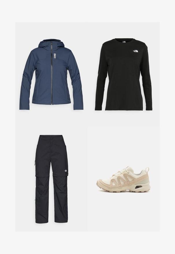 Marineblaue, langärmlige Jacke mit Kapuze, ausgestattet mit einem Frontreißverschluss, glatter Textur und dezentem Branding auf der oberen linken Seite.; Schwarzes Langarm-T-Shirt aus Baumwolle mit Rundhalsausschnitt. Verfügt über ein kleines weißes Logo auf der linken Brustseite. Einfaches Design und Passform.; Schwarze Nylon-Zip-Off-Cargohosen mit verstellbaren Bündchen, mehreren Taschen und einem Logo am rechten Bein. Glatte, leichte Textur.; Beige und cremefarbenen Sportschuh mit strukturiertem Mesh-Obermaterial, unterstützenden Überzügen und Gummisohle mit einem Profilmuster für Bodenhaftung.
