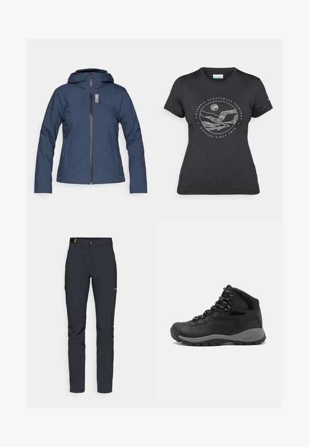 Navy blue, long-sleeve jacket with a hood, featuring a front zipper, smooth texture, and subtle branding on the upper left side.; Black Columbia t-shirt with white circular mountain and river line art and text "Columbia Sportswear Company Outside Since 1938."; Men's outdoor pants, dark gray, made from flexible material, featuring a belt, zippered pockets, and reinforced stitching.; Black hiking boot with a mid-top design, featuring a textured upper, gray accents, and durable rubber sole with traction lugs.