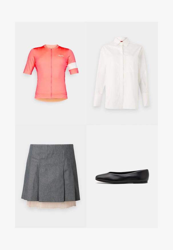 Kratak rukav biciklistička majica u gradijent ružičastoj boji s prednjim patent-zatvaračem, koja sadrži bijelu prugu na lijevom rukavu i suptilan detalj logotipa.; Bijela košulja dugih rukava od pamuka, s klasičnim ovratnikom, jednim džepom na prsima i dugmadima na manžetama. Glatka tekstura, ravnog kroja.; Siva plisirana suknja s teksturiranim završetkom, koja sadrži poluprozirni svijetlo ružičasti plisirani donji sloj i bočni zip.; Paul Smith TOPANGA - Balerinke - black