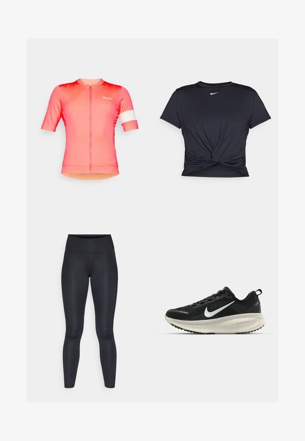 Kortermet sykkeltrøye i gradient rosa med glidelås foran, med en hvit stripe på venstre erme og en subtil logo-detalj.; Svart trenings T-skjorte laget av glatt stoff, med en knyttet frontdesign og en liten hvit Nike-logo på brystet.; Sorte leggings laget av glatt, elastisk materiale. Høy midje uten synlige mønstre eller detaljer. Sitter tett fra midjen til anklene.; Svart Nike løpesko med pustende mesh-overdel, hvit swoosh-logo, teksturert detaljer og en kremfarget ZoomX mellomsåle.