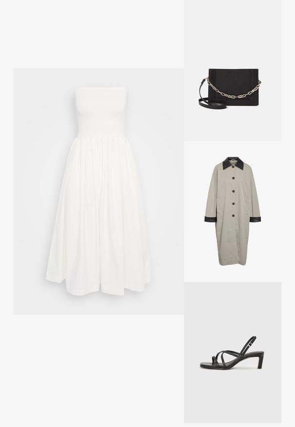 Lang beige frakk med svart skinnkrage og mansjetter, fem svarte knapper foran, og sidelommer.; Hvit stroppeløs A-linje kjole med tettsittende liv, samlet skjørt og glatt bomullstekstur. Ingen synlige mønstre eller dekorasjoner.; Sorte sandaler med stropper, firkantet tå og lav blokk hæl. Har flere tynne stropper og en justerbar ankelstropp. Laget av glatt lær.; Svart lær crossbody-veske med glatt tekstur, rektangulær form og metallkjede detaljer på framsiden. Justerbar stroppe inkludert.