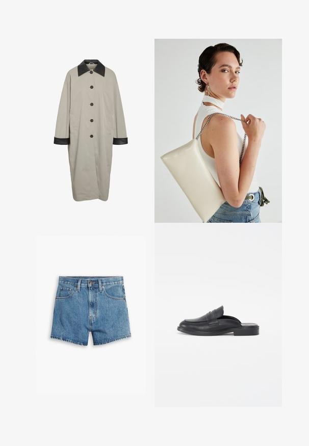 Lang beige frakk med svart skinnkrage og mansjetter, fem svarte knapper foran, og sidelommer.; Rød stripete langermet topp med høy hals og bølgete kantlinjer, med en tettsittende fasong og glatte tekstur.; Lys blå denimshorts med fem lommer, glidelås og knappefeste. Bunnkanten er slitt med et avslappet passformdesign.; Sorte skinnsko uten snøring med rund tå og lav blokkhælt. Har et dekorativt bånd over vristen og en jevn tekstur.; Hvit rektangulær clutch-veske laget av blankt materiale, med en sølvkjede-stropp. Modellen poserer og viser vesken mot en ensfarget bakgrunn.