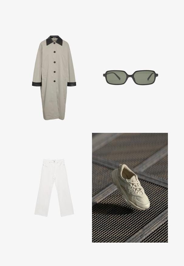 Long beige coat with black leather collar and cuffs, five black buttons down front, and side pockets.; Burgundy off-the-shoulder sweater with a ribbed neckline and cuffs, lightweight knit texture, and a loose, cropped fit.; White denim wide-leg trousers featuring a classic five-pocket design, metal hardware, and contrast stitching. Smooth texture and relaxed fit.; Beige sneaker with textured fabric, contrasting smooth accents, rounded sole, and laces, suspended above a gridded surface.; Black rectangular sunglasses with dark green lenses, featuring a flat design, minimalistic sides, and lightweight frame for comfort.; Black leather handbag with braided handles, zipper pocket, and hanging tassels. Textured surface with metal studs and hardware accents.