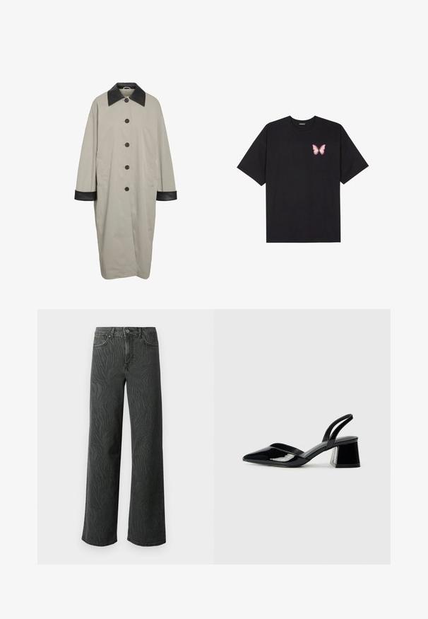 Casaco longo bege com colarinho e punhos de pele preta, cinco botões pretos na frente e bolsos laterais.; T-shirt de algodão preto com mangas curtas, apresentando um pequeno gráfico de borboleta rosa no lado esquerdo do peito. Design de gola redonda com um corte solto.; Calças de perna larga em denim cinza escuro, apresentando uma textura sutil de padrão zebra, costura em contraste e um design de cinco bolsos com fecho de botão.; Sandy em verniz preto com salto slingback, ponta afilada e salto geométrico. Apresenta um design elegante e minimalista com textura suave.