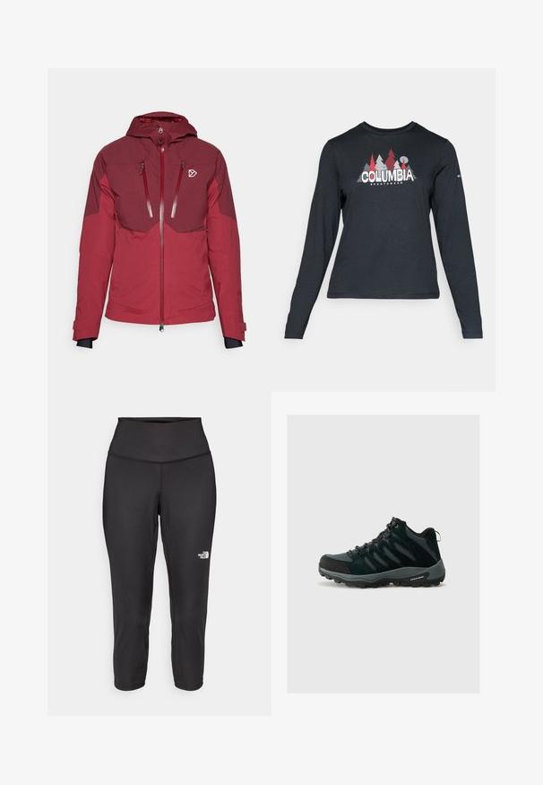 Veste d'extérieur rouge avec une capuche, présentant des panneaux contrastants, deux poches avant zippées et des cordons de serrage ajustables, fabriquée dans un tissu lisse.; Chemise à manches longues gris foncé avec un motif d'arbres rouges et de montagnes ; logo "COLUMBIA" en lettres blanches en gras. Tissu doux, col rond standard.; Leggings capri noirs en tissu extensible, dotés d'une taille haute et d'un petit logo blanc sur le côté gauche. Texture lisse.; Columbia REDMOND - Chaussures de marche - black/citron haze
