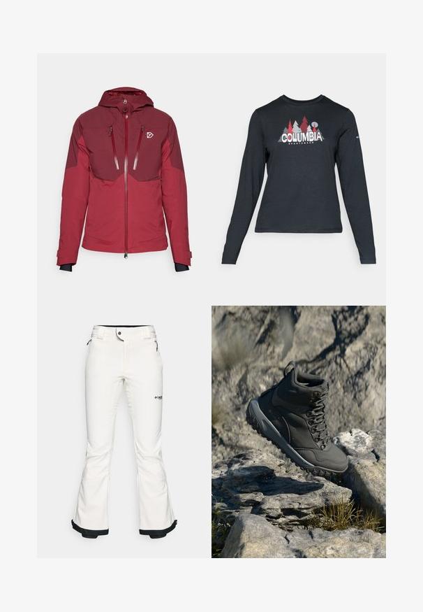 Červená vonkajšia bunda s kapucňou, so kontrastnými panelmi, dvoma zipsovými prednými vreckami a nastaviteľnými šnúrkami, vyrobená z hladkej tkaniny.; Dlhý rukáv, tmavošedá košeľa s grafikou červených stromov a hôr; logo "COLUMBIA" v tučnom bielom texte. Mäkká tkanina, štandardný okrúhly výstrih.; Biele lyžiarske nohavice vyrobené z mäkkého, flexibilného materiálu. Majú priliehavý pás, široké rozšírené nohavice a čierny lem na manžetách. Viditeľné logo značky.; Tmavošedá turistická obuv vyrobená z syntetického materiálu, s polstrovaným golierom, kovovými očkami a textúrovanou gumovou podrážkou pre lepšiu trakciu.