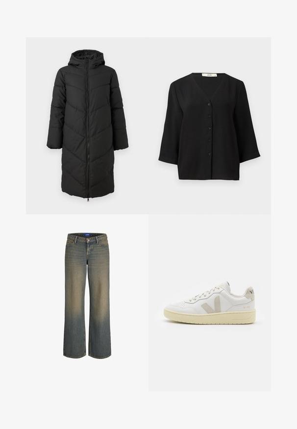 Crni dugi zimski kaput s patentnim zatvaračem sprijeda, kapuljačom i ševron uzorkom. Ima široke rukave i glatku, toplinsku teksturu.; Crna košulja kratkih rukava s gumbima i V-izrezom, izrađena od teksturiranog materijala, ima šest crnih gumba sprijeda.; Široke traperice plave boje s gradijentom od svijetle do tamne, dizajn s pet džepova i zatvaranje na gumbe. Šivani detalji na rubovima.; Bijele kožne tenisice s bež nubuk naglascima, perforiranim prednjim dijelom, ravnim čipkama i teksturiranom kremastom potplatom. Sadrži suptilni brend na pete.