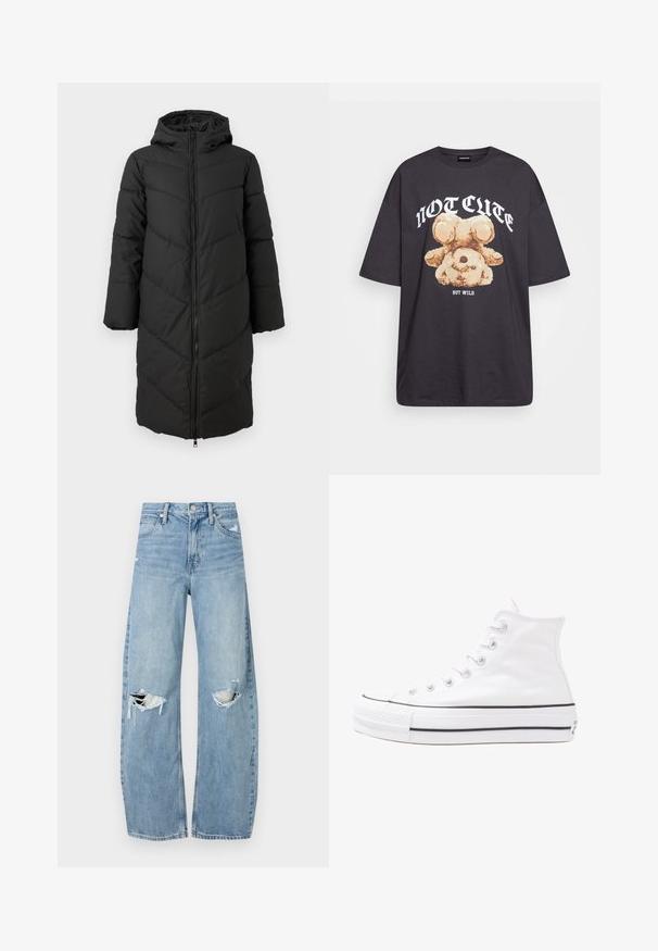 Casaco puffer longo preto com fecho de correr à frente, capuz e padrão de chevron. Apresenta mangas largas e uma textura lisa e isolada.; T-shirt oversized preto com uma gráfica de um urso e o texto "NÃO FOFO, MAS SELVAGEM" em letras brancas e em negrito. Material em algodão.; Jeans de lavagem clara, de cintura alta, feitos de denim. Apresentam pernas largas, duas áreas rasgadas nos joelhos e o estilo clássico de cinco bolsos.; Sapatilha alta de tela branca com sola de borracha preta, bico de borracha na frente e seis ilhós para os atacadores, apresentando um design limpo e minimalista.