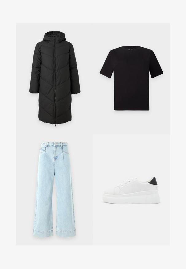 Sort lang pufferjakke med lynlås foran, hætte og chevronmønster. Har brede ærmer og en glat, isoleret tekstur.; Sort kortærmet t-shirt med rund halsudskæring, lavet af blødt bomuldsstof. Enkel design, ingen synlige logoer eller mønstre.; Lyseblå vidbenede jeans lavet af denim, med høj talje, forlommer og syede detaljer ved kanten.; Hvide platform sneakers lavet af glat syntetisk materiale, med en afrundet tå, snørebåndsdesign og en struktureret gummisål. Sorte hæl akcent.