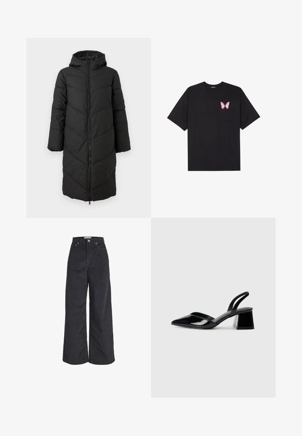 Czarna długa kurtka puchowa z zamkiem z przodu, kapturem i wzorem w zygzak. Posiada szerokie rękawy oraz gładką, izolowaną teksturę.; Czarny bawełniany t-shirt z krótkim rękawem, z małym różowym motylkiem na lewej piersi. Klasyczny dekolt z luźnym fasonem.; Czarne szerokie spodnie z korduroju z wysokim stanem, z przodu zapinane na guziki i z dwoma bocznymi kieszeniami. Miękka tekstura i prosty krój.; Czarne lakierowane półbuty na obcasie z wydłużonym noskiem i geometrycznym słupkiem. Charakteryzują się eleganckim, minimalistycznym designem oraz gładką fakturą.