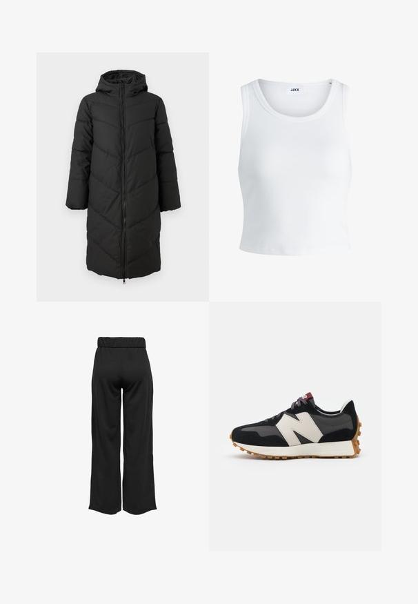 Juodas ilgas pūkinis švarkas su užtrauktuku priekyje, gobtuvu ir chevrono raštu. Yra plačios rankovės ir lygi, šiltinanti tekstūra.; Balta raukšlėta tank top marškinėliai su apvaliu iškirpimu, be rankovių dizainu ir trumpa ilgio. Etiketėje parašyta "JJXX." Lygus audinio paviršius.; Juodos, plačios kelnės su elastinga juosta, pagamintos iš lygaus audinio. Pasižymi švariu dizainu, be kišenių ar matomų siūlių detalių.; Juoda ir pilka zomšinė sportinė avalynė su dideliu kreminiu "N" logotipu, violetinėmis raištelėmis ir tekstūruota gumos padu.