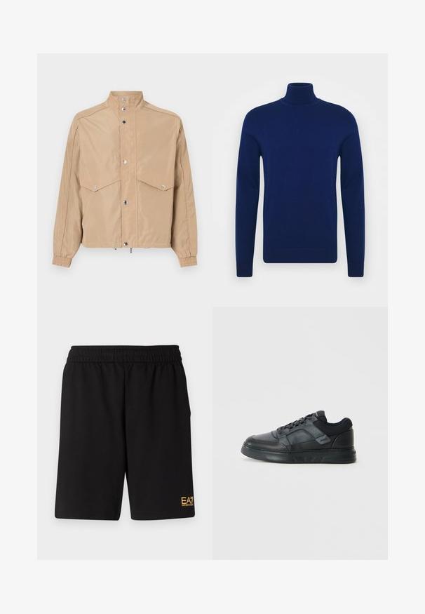 Beige vindjakke lavet af glat stof, med høj krave, trykknapper, to klaplommer og elastiske manchetter.; Mørkeblå rullekrave striktrøje lavet af glat strikket stof. Lange ærmer og tætsiddende design med ribbede detaljer ved kraven og kanten.; Sorte atletiske shorts lavet af blødt stof, med en elastisk talje og et lille gult EA7-logo nederst på venstre ben.; Sorte sneakers med en glat læderoverdel, mesh-detaljer, perforerede elementer og en struktureret gummisål med et lavprofil-design.