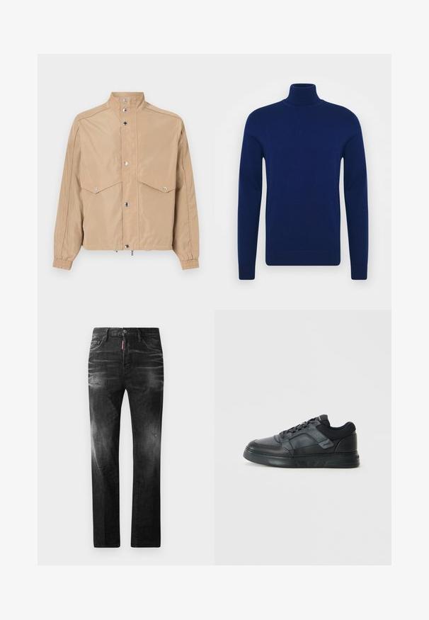 Beige vindjakke lavet af glat stof, med høj krave, trykknapper, to klaplommer og elastiske manchetter.; Mørkeblå rullekrave striktrøje lavet af glat strikket stof. Lange ærmer og tætsiddende design med ribbede detaljer ved kraven og kanten.; Sorte denim jeans med lige pasform. Har falmede områder, mindre slid, klassisk fem-lommer design og knaplukning.; Sorte sneakers med en glat læderoverdel, mesh-detaljer, perforerede elementer og en struktureret gummisål med et lavprofil-design.