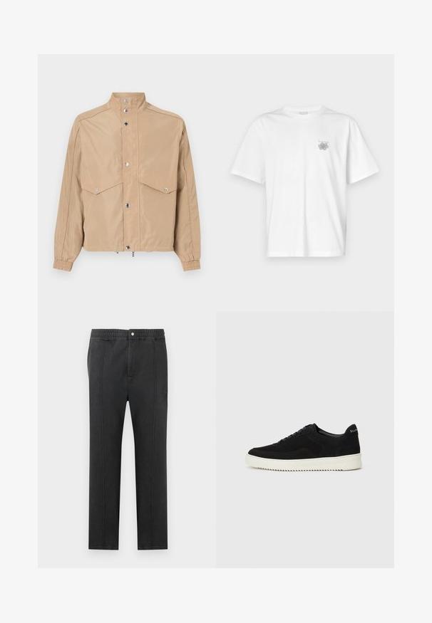 Béžová větrovka vyrobená z hladké tkaniny, se stojáčkem, zaklapávacími knoflíky, dvěma klopovými kapsami a elastickými manžetami.; Bílá bavlněná trička s krátkým rukávem, kulatým výstřihem a malým šedým logem na levé části hrudi. Hladká textura.; Černé kalhoty s elastickým pasem, rovný přední díl, dvě boční kapsy a dekorativní švy. Bez viditelných vzorů nebo kovových doplňků.; Černé semišové tenisky s krajkovým designem a kontrastní bílou gumovou podrážkou. Obsahují texturované boční panely a jemné branding na patě.