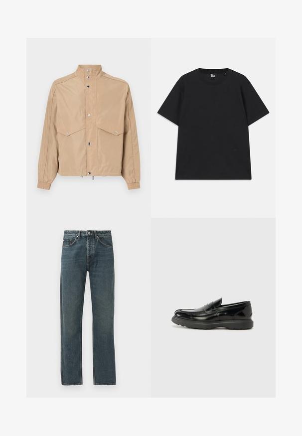 Beige windbreaker jacket made of smooth fabric, featuring a high collar, snap fasteners, two flap pockets, and elastic cuffs.; Black short-sleeve t-shirt made of cotton, featuring a round neckline and a small logo detail near the hem. Smooth texture, regular fit.; Dark blue denim jeans with a straight leg design, featuring five pockets, a button closure, and contrasting stitching details.; Black leather loafer with a glossy finish, rounded toe, subtle stitching details, and a thick rubber sole for durability.