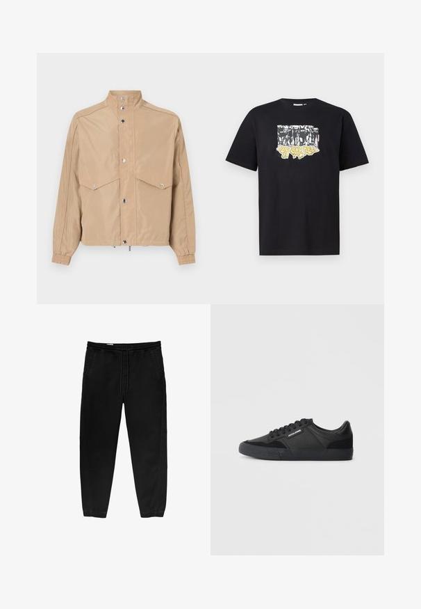 Beige windbreaker jack met een gladde stof, voorzien van een hoge kraag, drukknoopsluitingen, twee klepzakken en elastische manchetten.; Zwarte katoenen t-shirt met een grafische print in wit en geel, met de tekst "IRON LIKE HELL" en een ontwerp van silhouetten.; Zwarte elastische taillebandbroeken met een trekkoord, taps toelopende benen, zijzakken en subtiele stiksels aan de zijkanten. Zachte katoenachtige stof.; Zwarte sneakers met een mix van leren en suède materialen, voorzien van ronde veters, een gestructureerde rubberen zool en een merklLogo aan de zijkant.