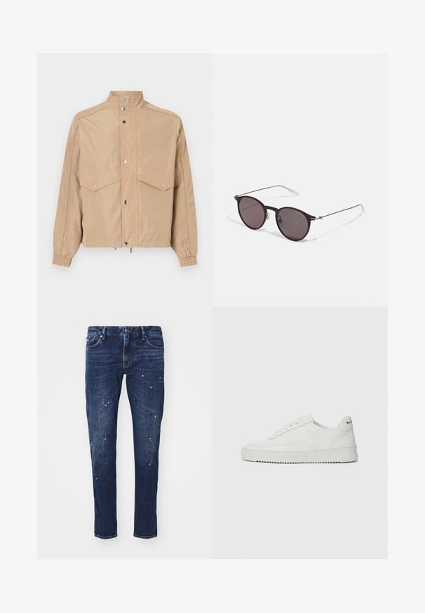 Giacca a vento beige realizzata in tessuto morbido, con colletto alto, bottoni a scatto, due tasche a soffietto e polsini elasticizzati.; T-shirt in cotone nero con scollatura rotonda, maniche corte e logo "EMPORIO ARMANI" in bianco sopra "Milano" in una disposizione curva.; Jeans in denim blu scuro con vestibilità slim, caratterizzati da schizzi di vernice, cuciture visibili e design classico a cinque tasche. Taglio dritto.; Sneaker in pelle bianca con una finitura liscia, punta rotonda, lacci piatti e suola testurizzata. Presenta un logo discreto sul tallone.; Occhiali da sole neri rotondi con lenti scure e sottili bracci in metallo. Include punte trasparenti e accenti argentati alla cerniera. Design minimalista.