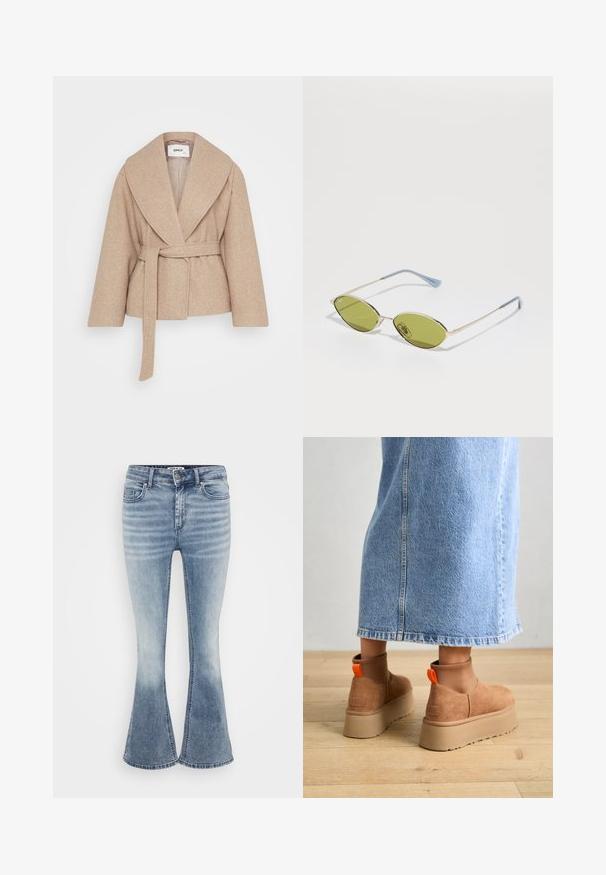 Palton bej din amestec de lână, cu un guler lat, mâneci lungi și o curea asortată în jurul taliei. Textură netedă, cu detalii minime.; Even&Odd Petite 3 PACK - Bluză cu mânecă lungă - black/white/light green; Jeans evaza de culoare albastru deschis, realizate din denim, având un design clasic cu cinci buzunare, închidere frontală cu fermoar și o ușoară decolorare pe coapse.; Botine maro din suede cu platformă, cu panouri elastice pe laterale și mânere portocalii, asortate cu o fustă din denim deschis până la genunchi, pe un podea din lemn.; Ochelari de soare verde măsliniu cu o ramă subțire aurie și brațe cu accente albastre. Lentile ovale și design minimalist.