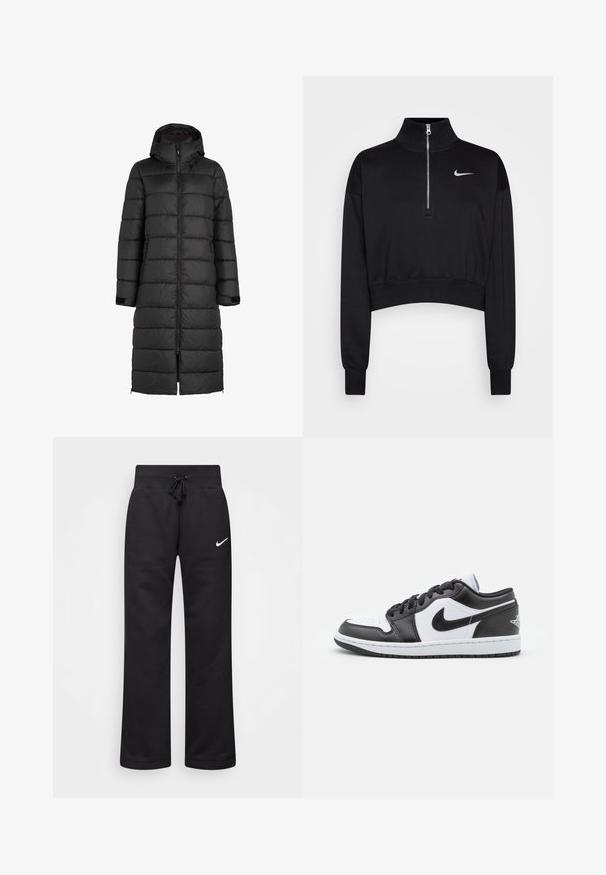 Juodas pūkinis paltas su gobtuvu, pasižymintis siuvinėta tekstūra, priekyje užeinama užtrauktuku ir šoninėmis kišenėmis. Ilgis iki vidurinės blauzdos.; Juoda trumpa pūkinė palaidinė su aukšta apykakle, pusiau užtrauktuku, gumuotais rankogaliais ir mažu baltu Nike logotipu kairiajame krūtinės šone. Minkšta audinio tekstūra.; Juodos medvilnės blend'o treninginės kelnės su raišteliu juosmens srityje, tiesiomis kojomis ir baltu Nike logotipu kairėje pusėje.; Juodos ir baltos Nike žemos sneaker'iai turi lygią odos viršūnę, apvalų pirštą, raištelių uždarymą ir raštuotą gumos pado apačią.