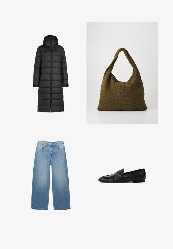 Černá péřová bunda s kapucí, vybavená prošívaným vzorem, předním zipem a bočními kapsami. Dlouhá až ke středu lýtek.; Černý pletený svetr s kulatým výstřihem, dlouhými rukávy a zkráceným střihem. Vyrobeno z příjemného materiálu s hladkou strukturou.; Světle modré džíny s širokými nohavicemi vyrobené z denimu, s klasickým pětispotkovým designem a zapínáním na knoflík. Vybledlý vzhled po celém povrchu.; Černé kožené polobotky s kulatou špičkou, prošívanými detaily na přední části a plochou podrážkou. Minimalistický design s jemným akcentem loga.; Tkaná kabelka v olivové zelené barvě s prostorným, kulatým tvarem a jedním dlouhým uchem pro nošení. Texturovaný povrch.