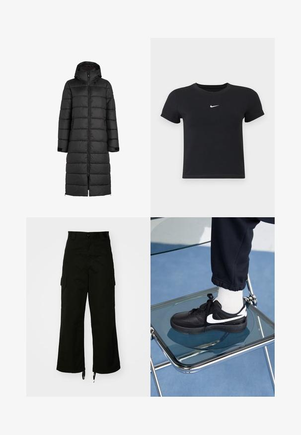 Musta toppatakki, jossa on huppu, tikkikuviointi, etuvetoketju ja sivutaskut. Pitkä, ulottuu puoliväliin sääriä.; Mustat lyhyet hihattomat t-paidat, jotka on valmistettu puuvillasta ja joissa on pyöreä pääntie. Sisältää valkoisen Nike-logon rinnassa, yksinkertainen muotoilu ja kapea leikkaus.; Mustat cargo-housut, jotka on valmistettu puuvillasta. Niissä on leveät lahkeet, sivutaskut ja nyörikujat lahkeissa. Mallissa on nappikiinnitys vyötäröllä.; Mustat Nike-tennarit valkoisilla yksityiskohdilla, joissa on sileä nahkapinta, nauhakiinnitys ja pyöreä varvas, aseteltuna lasituolille.
