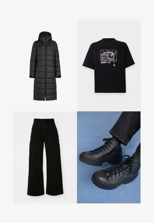 Schwarze Daunenjacke mit Kapuze, gestepptem Design, Frontreißverschluss und seitlichen Taschen. Lange Länge bis zur Wade.; Schwarzes T-Shirt aus Baumwolle mit kurzen Ärmeln. Mit einem weißen Spinnennetz-Graphic und Logo auf der Vorderseite. Einfacher runder Ausschnitt.; Schwarze weite Cargo-Jeans mit hohem Bund, Frontknopfverschluss und Seitentaschen. Glatte Textur mit minimaler Naht.; Schwarze High-Top-Sneaker aus glattem Leder, mit runder Zehenpartie, dicker Gummisohle und schwarzen Schnürsenkeln. Logopatch an der Seite.